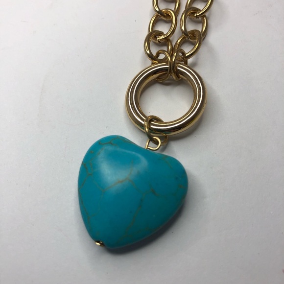 Heart Gold Tone Necklace Turquoise color heart Adjustable Chain - Picture 2 of 10